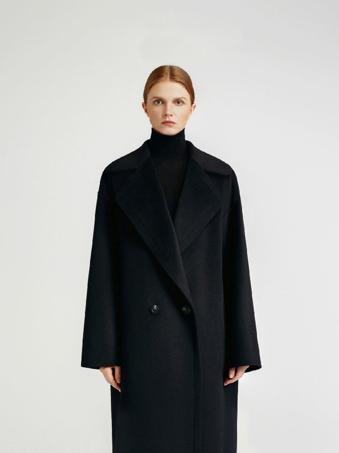 Classic black double-sided cashmere coat long