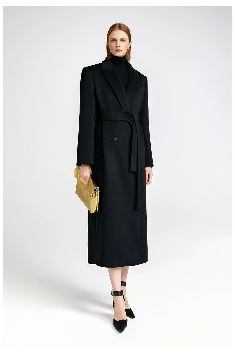 Front shoulder single-sided cashmere coat women's long strap-up black classic