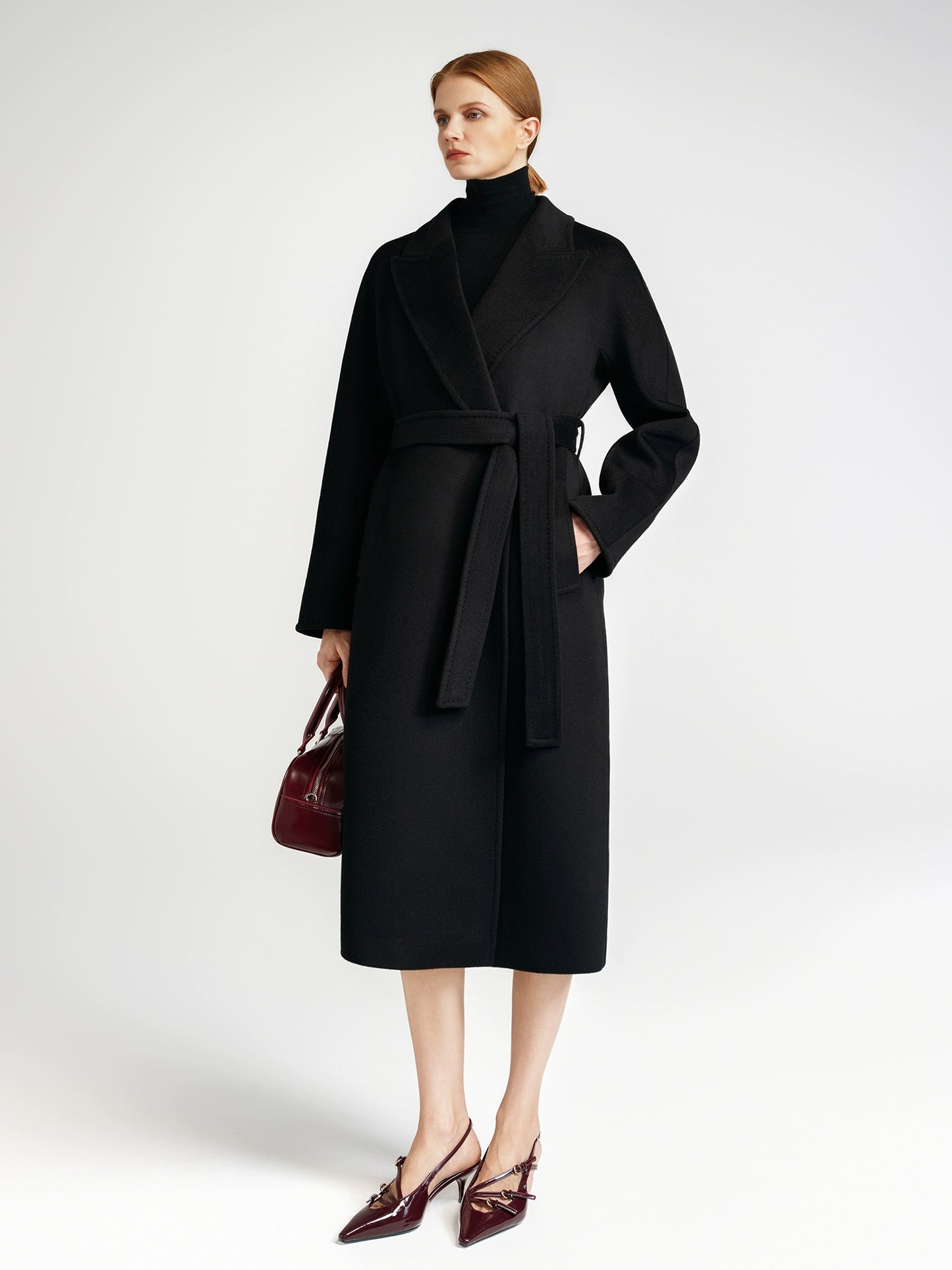 Cashmere coat women's medium and long black barred collar