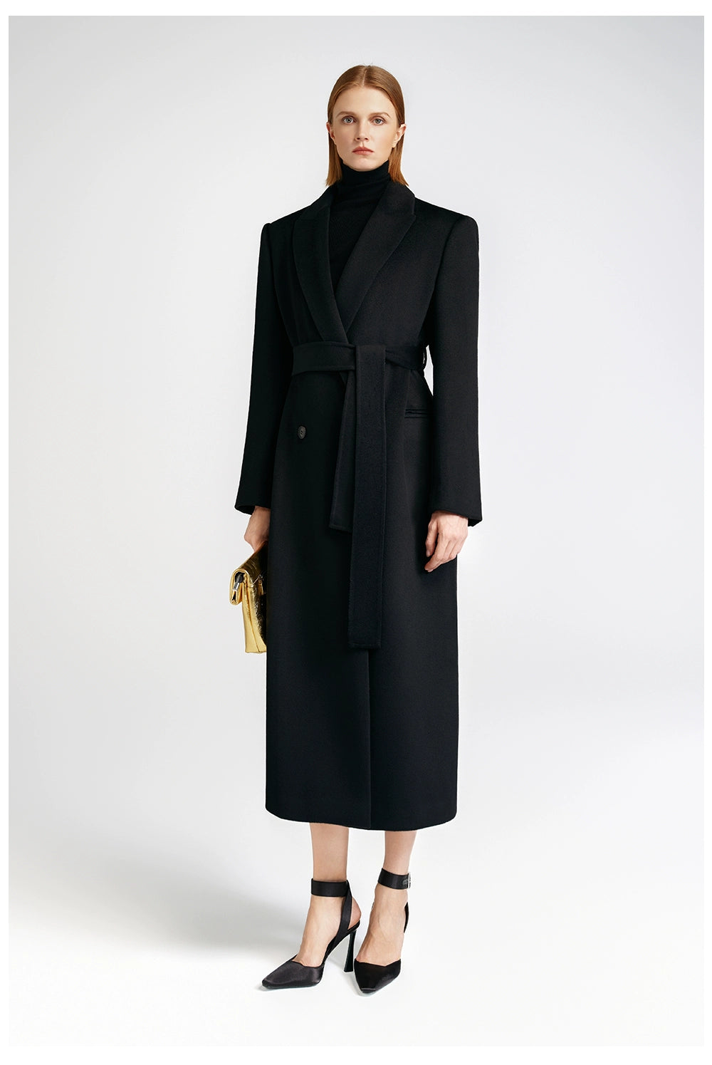 Front shoulder single-sided cashmere coat women's long strap-up black classic