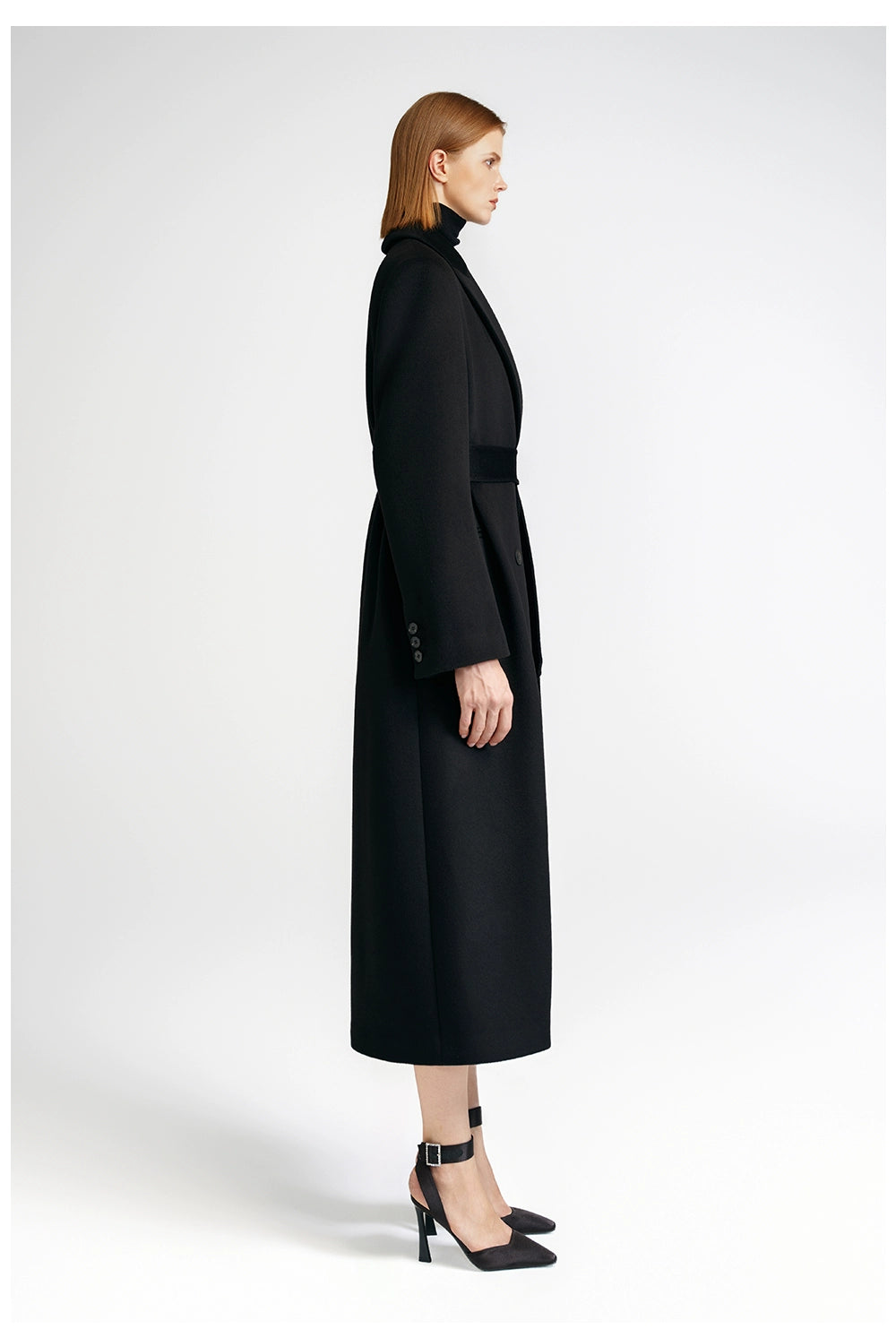 Front shoulder single-sided cashmere coat women's long strap-up black classic