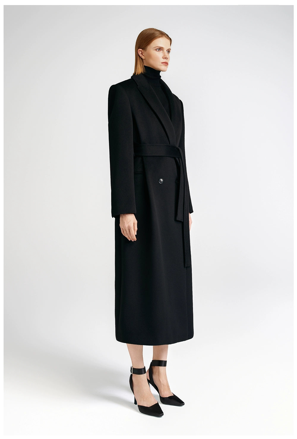Front shoulder single-sided cashmere coat women's long strap-up black classic