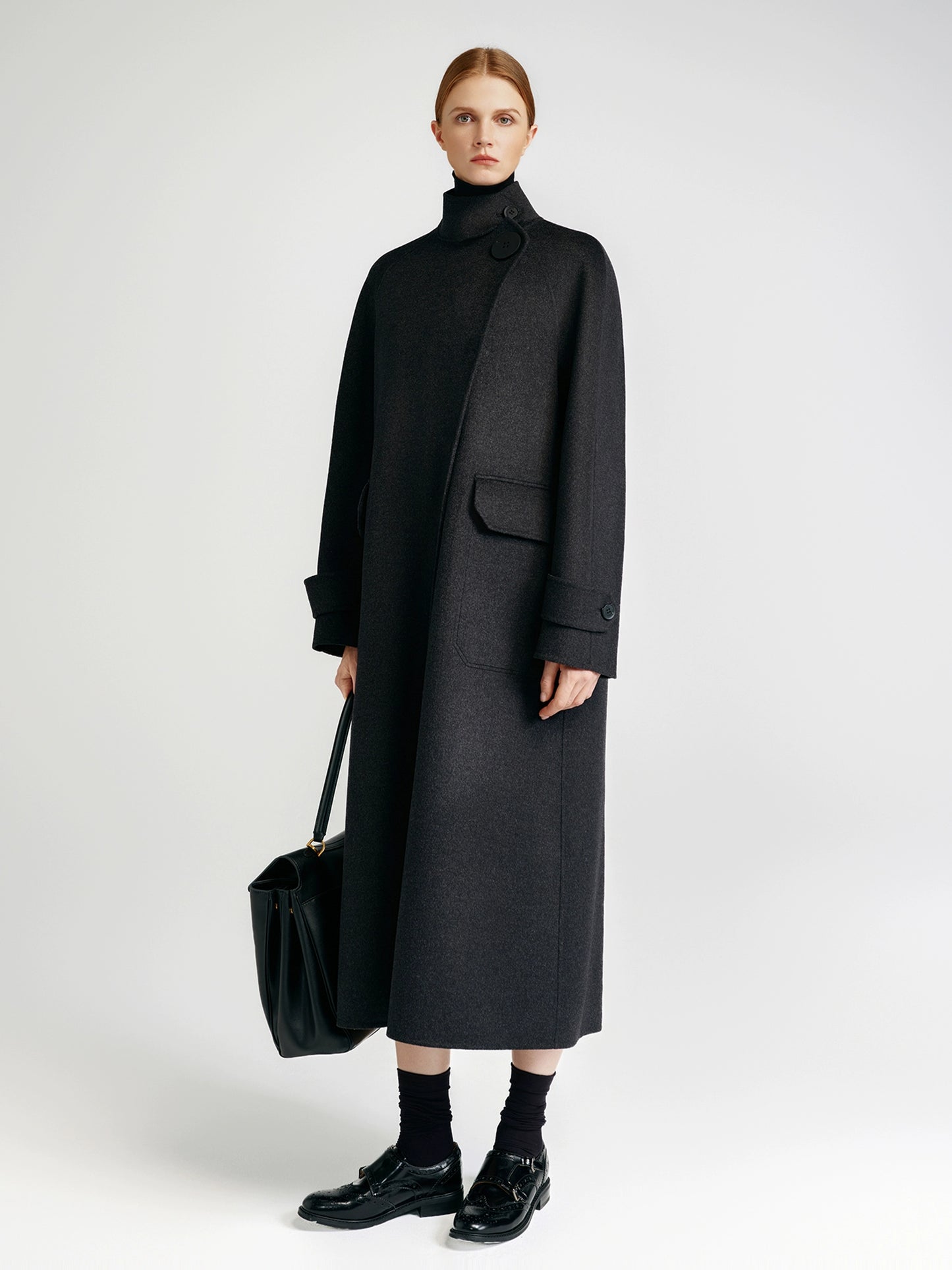 European royal family, modern old money style _ cashmere coat women's double-sided long carbon ash