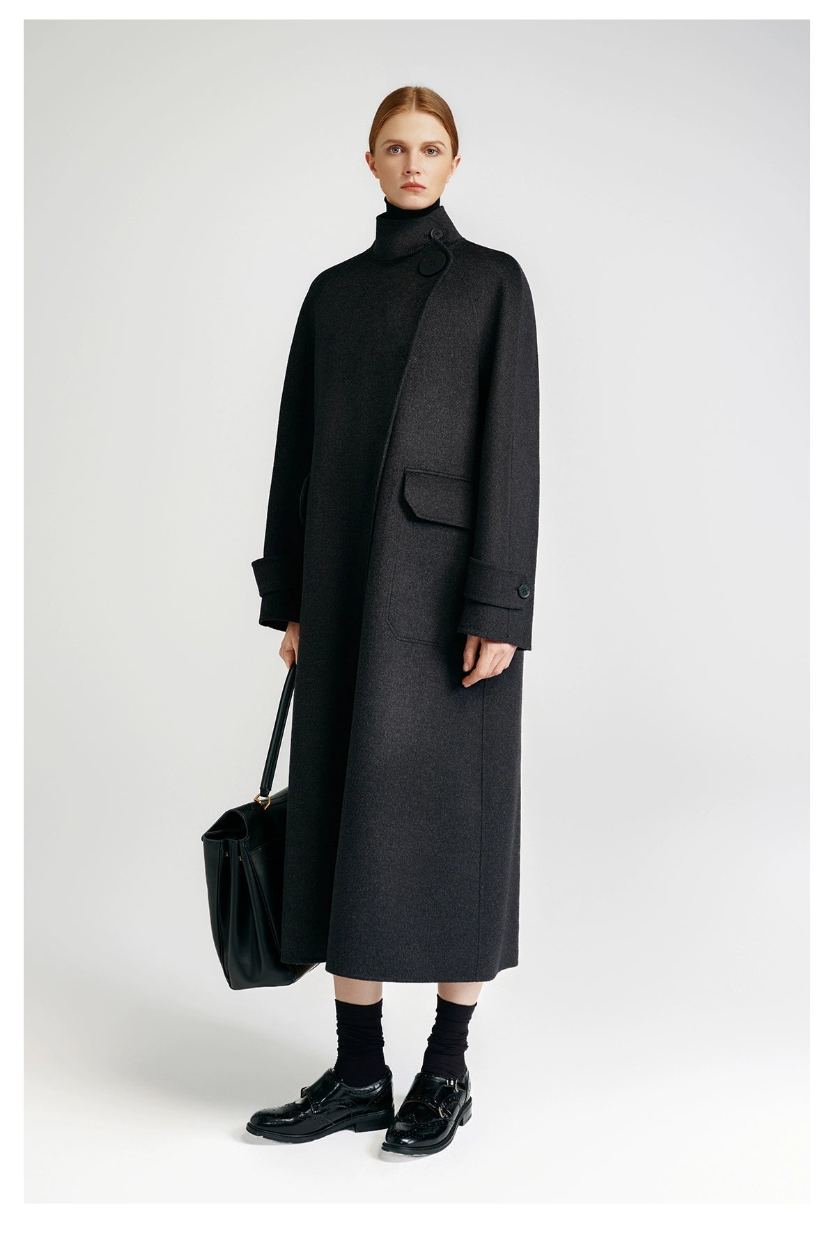 European royal family, modern old money style _ cashmere coat women's double-sided long carbon ash
