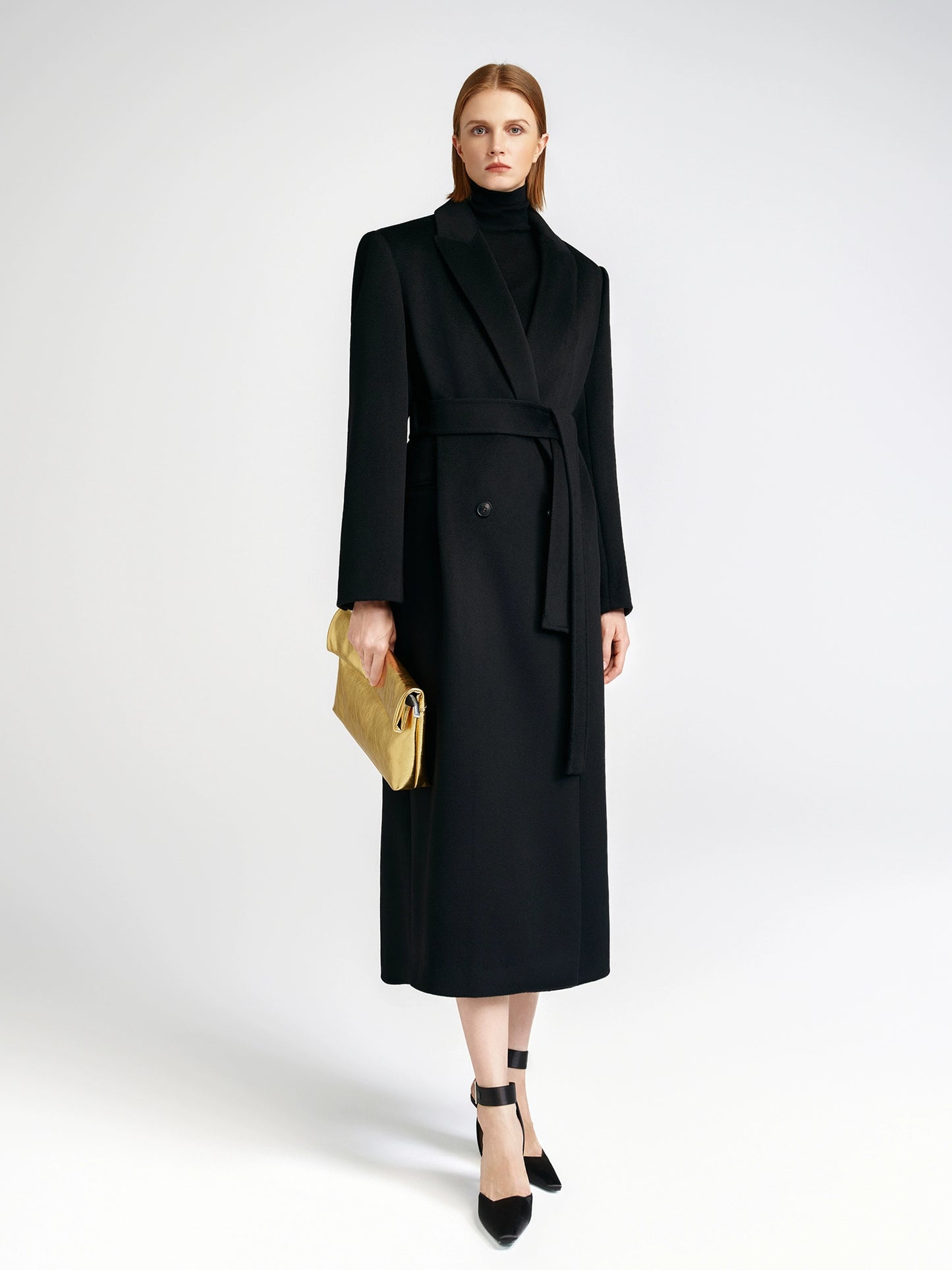 Front shoulder single-sided cashmere coat women's long strap-up black classic
