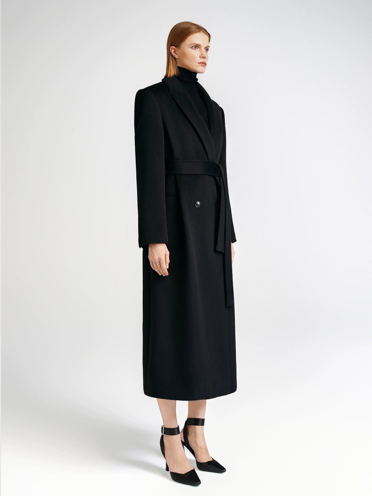 Front shoulder single-sided cashmere coat women's long strap-up black classic