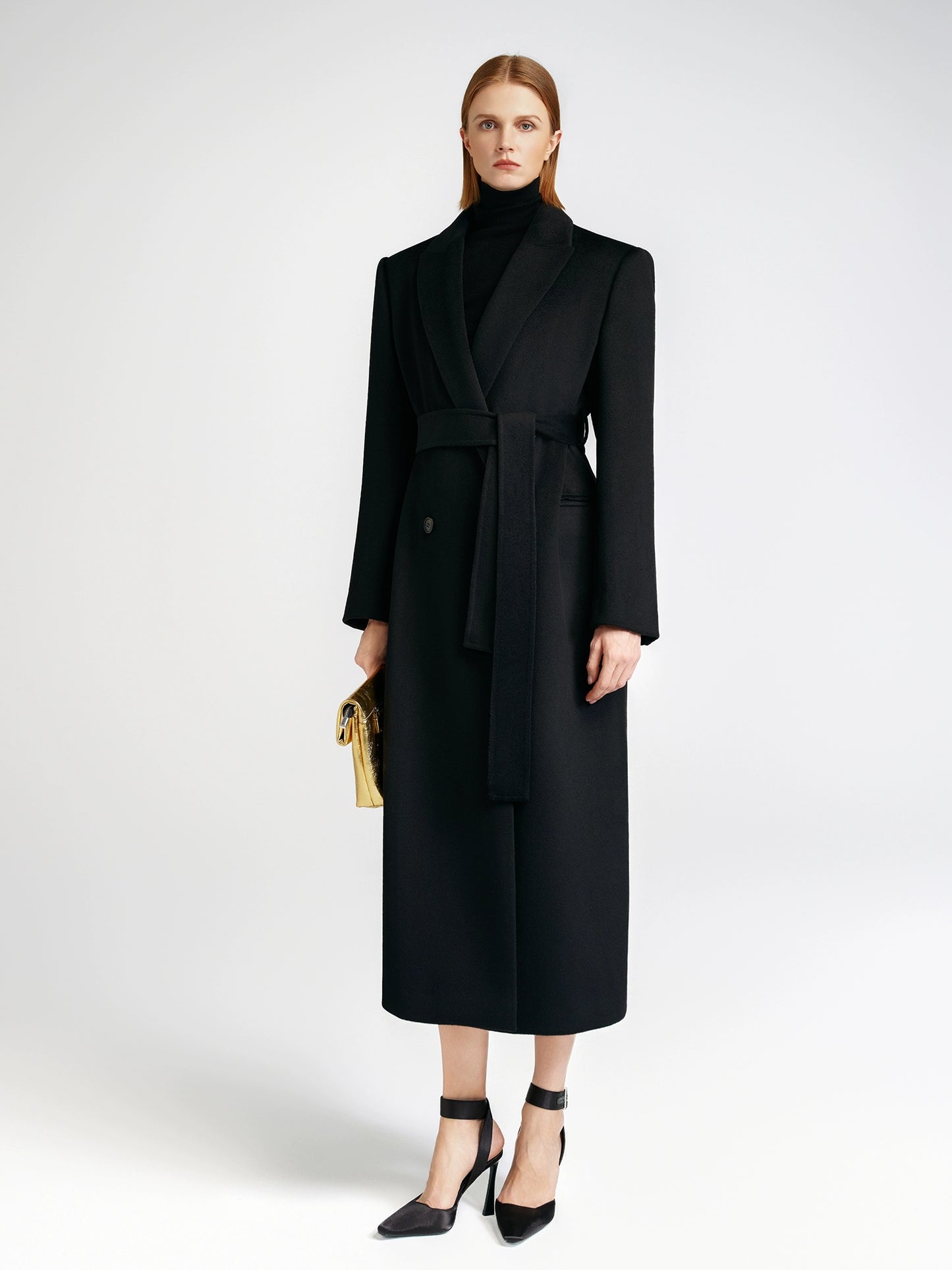 Front shoulder single-sided cashmere coat women's long strap-up black classic