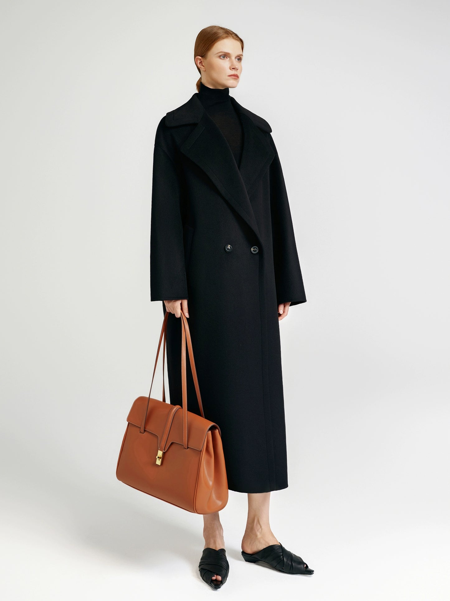Classic black double-sided cashmere coat long