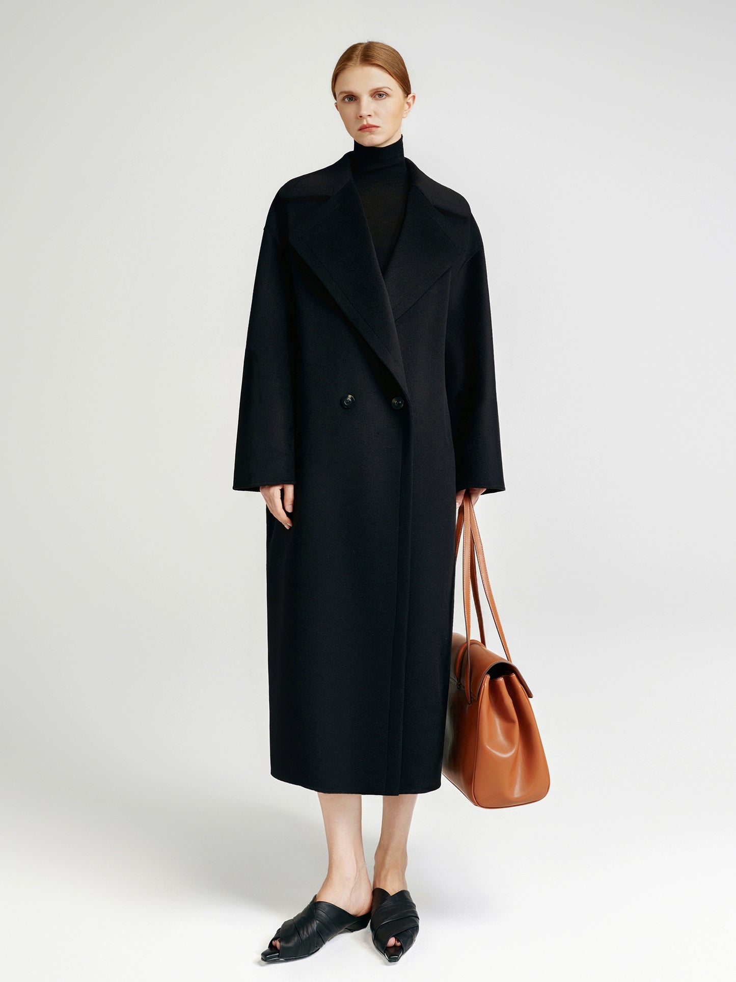 Classic black double-sided cashmere coat long