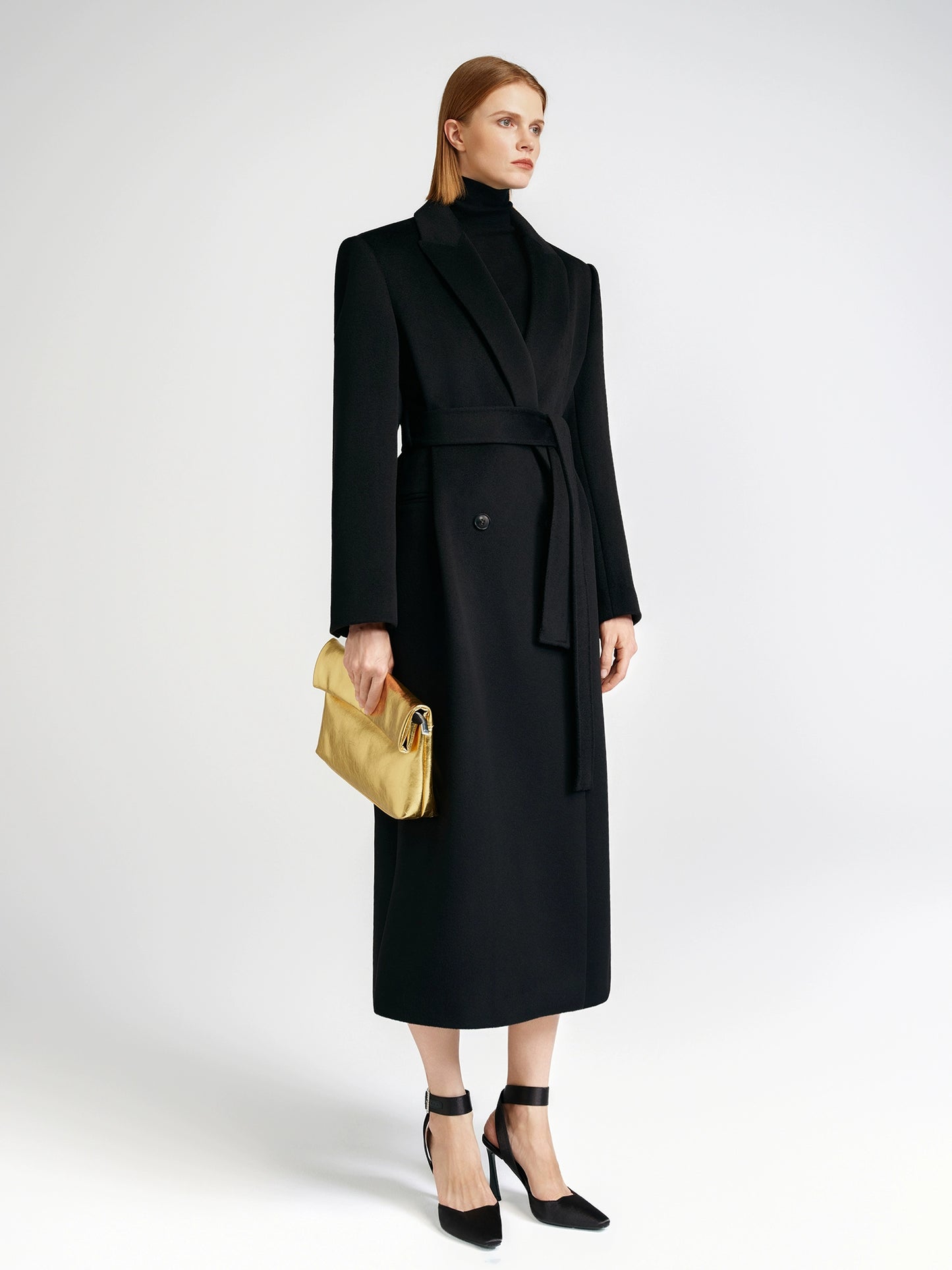 Front shoulder single-sided cashmere coat women's long strap-up black classic