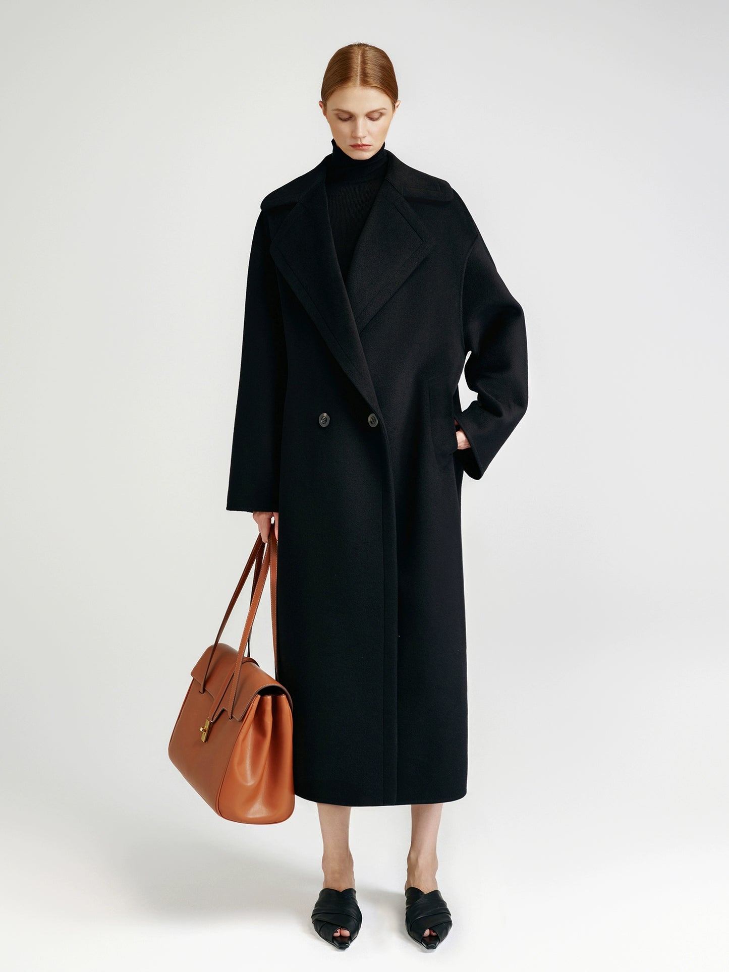 Classic black double-sided cashmere coat long
