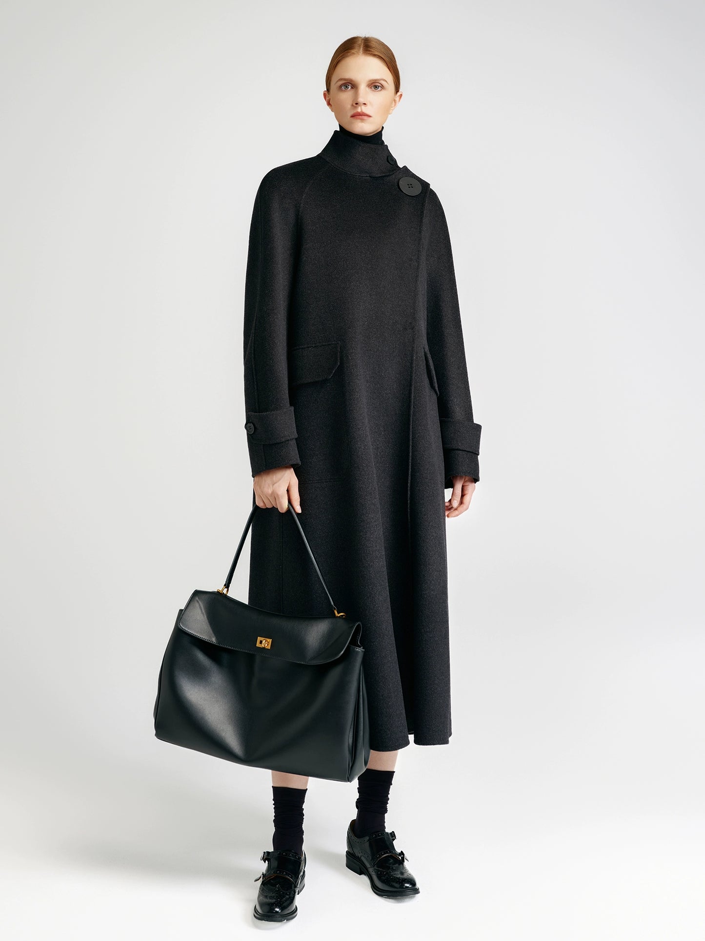 European royal family, modern old money style _ cashmere coat women's double-sided long carbon ash