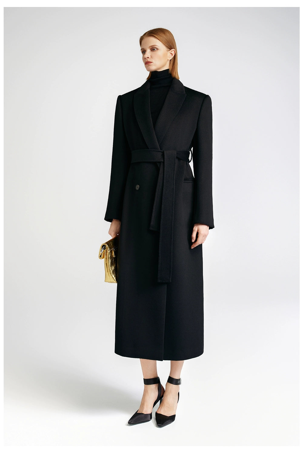 Front shoulder single-sided cashmere coat women's long strap-up black classic