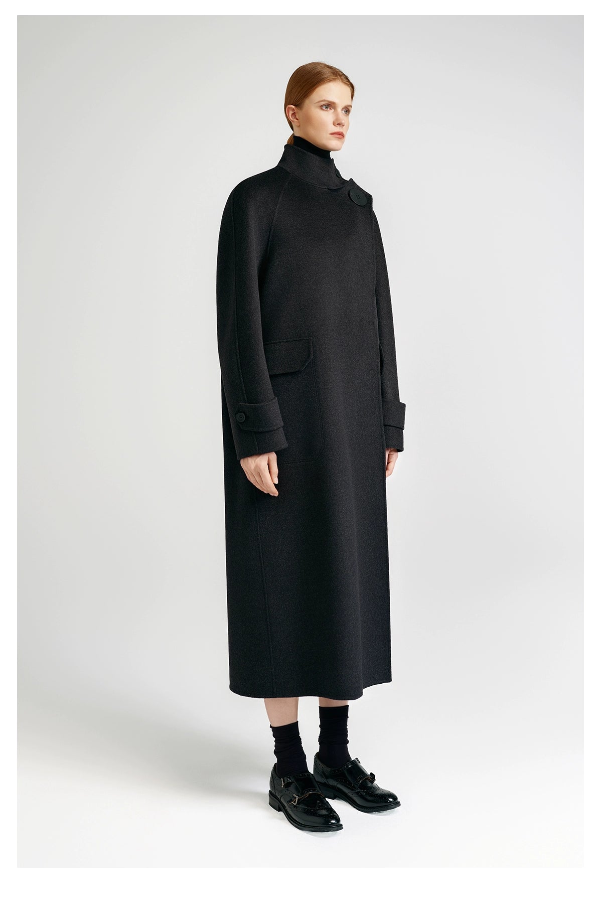 European royal family, modern old money style _ cashmere coat women's double-sided long carbon ash
