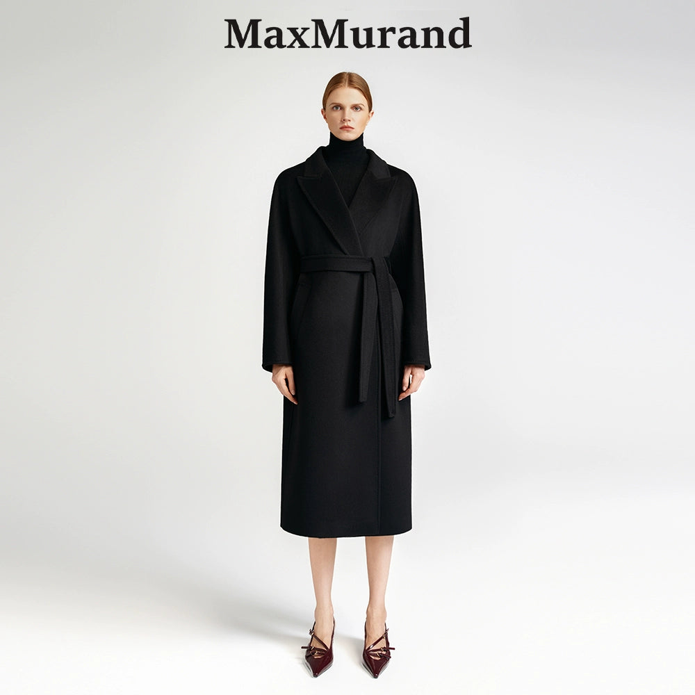 Cashmere coat women's medium and long black barred collar