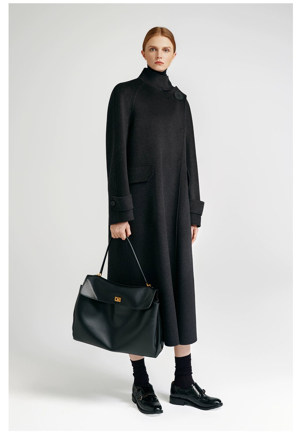 European royal family, modern old money style _ cashmere coat women's double-sided long carbon ash