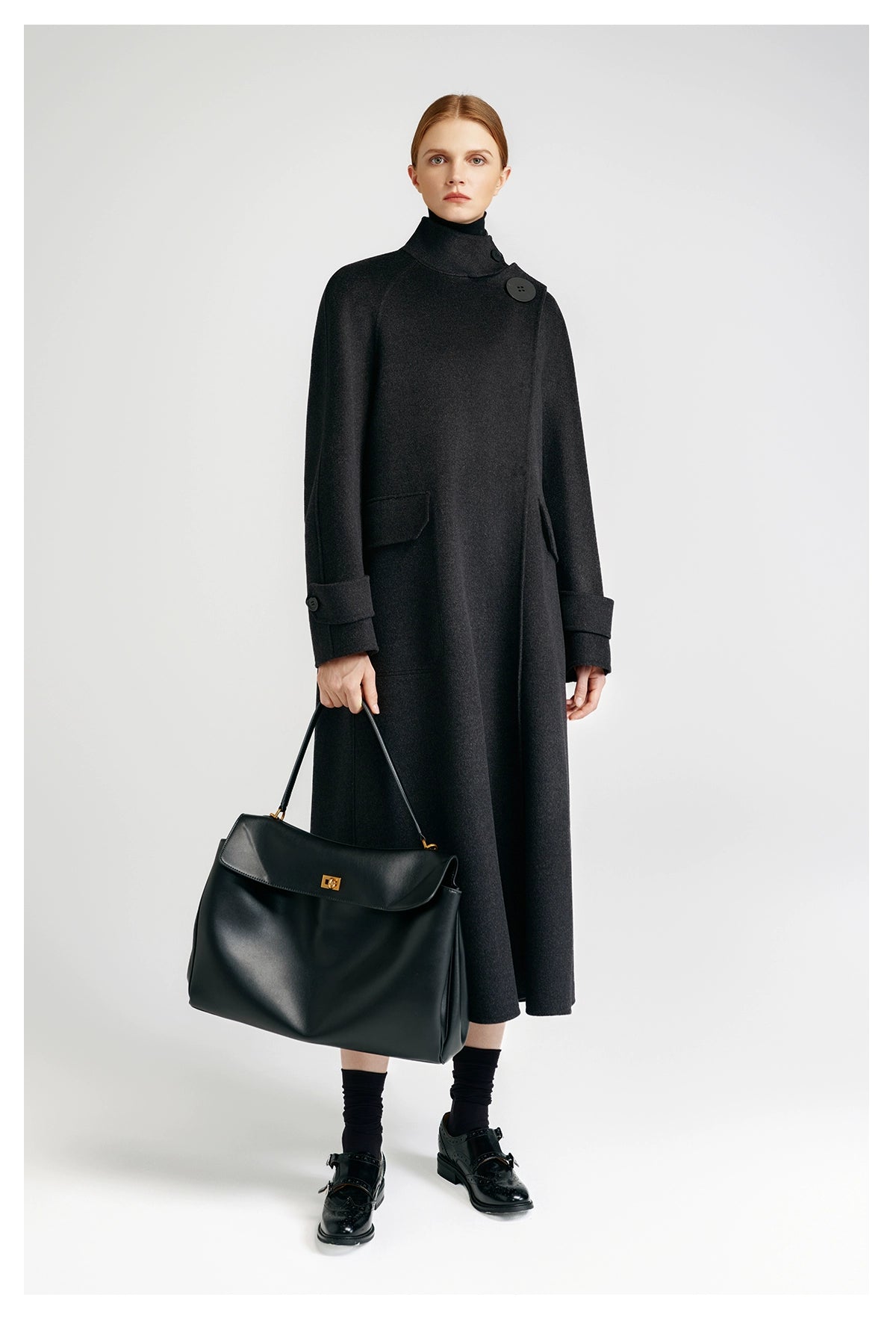 European royal family, modern old money style _ cashmere coat women's double-sided long carbon ash