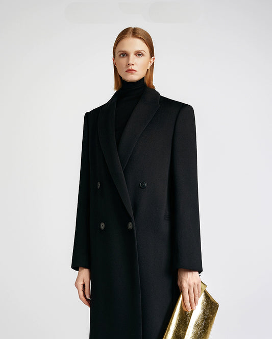 Front shoulder single-sided cashmere coat women's long strap-up black classic