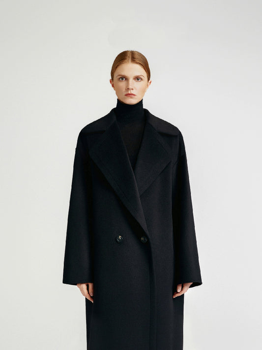 Classic black double-sided cashmere coat long