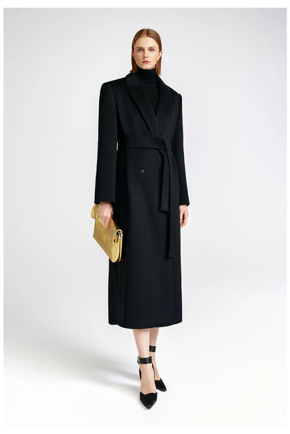 Front shoulder single-sided cashmere coat women's long strap-up black classic