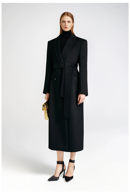 Front shoulder single-sided cashmere coat women's long strap-up black classic
