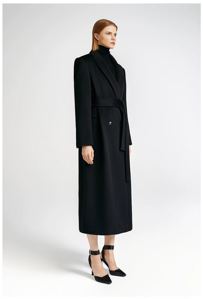 Front shoulder single-sided cashmere coat women's long strap-up black classic