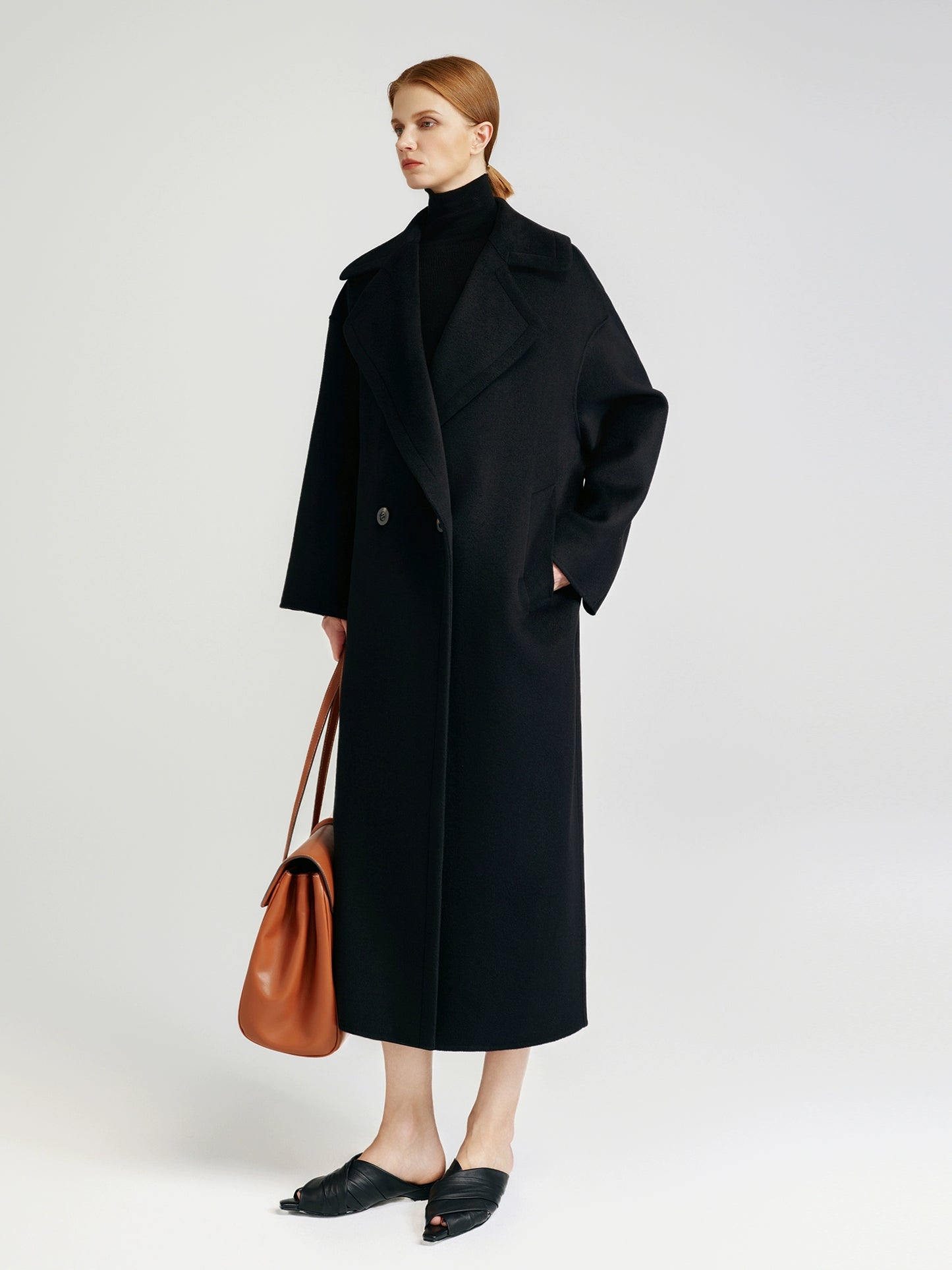 Classic black double-sided cashmere coat long