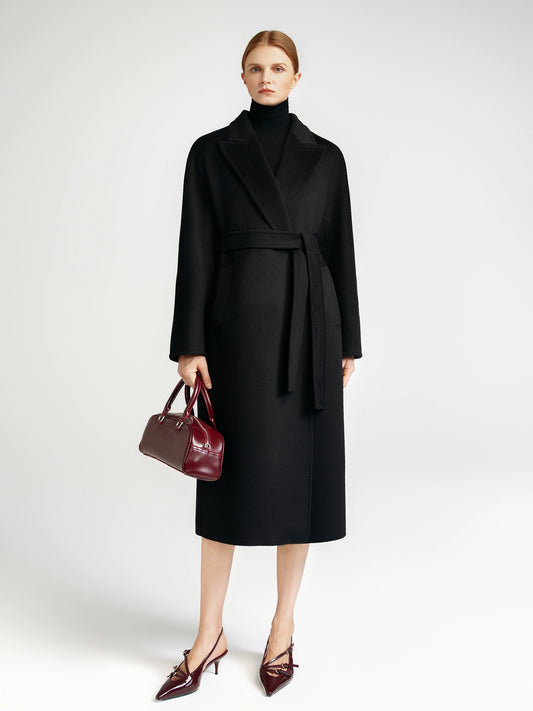 Cashmere coat women's medium and long black barred collar