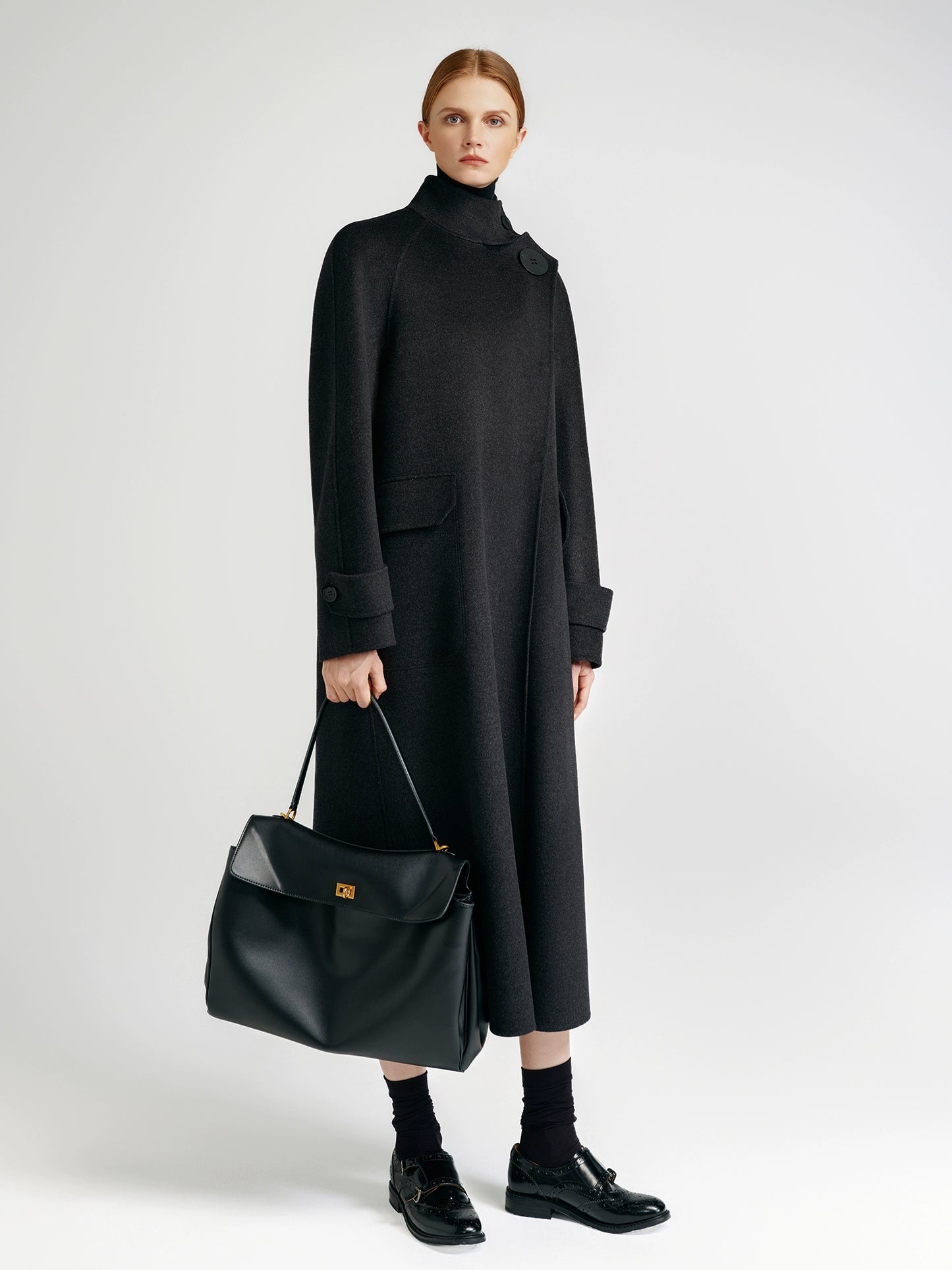 European royal family, modern old money style _ cashmere coat women's double-sided long carbon ash