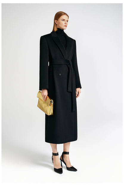 Front shoulder single-sided cashmere coat women's long strap-up black classic