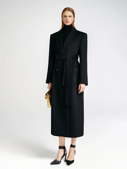Front shoulder single-sided cashmere coat women's long strap-up black classic