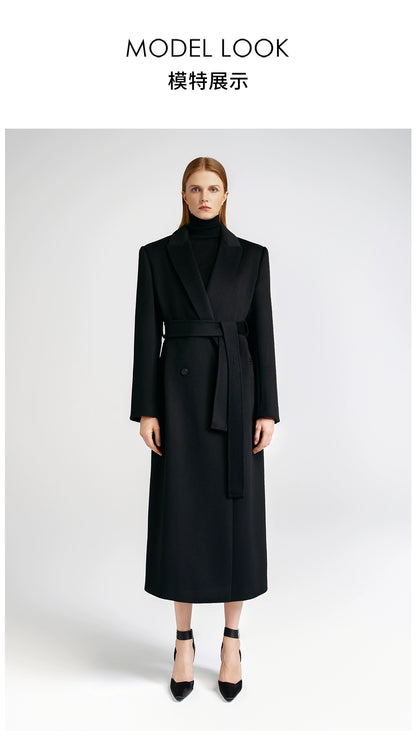 Front shoulder single-sided cashmere coat women's long strap-up black classic