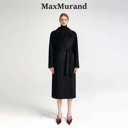 Cashmere coat women's medium and long black barred collar